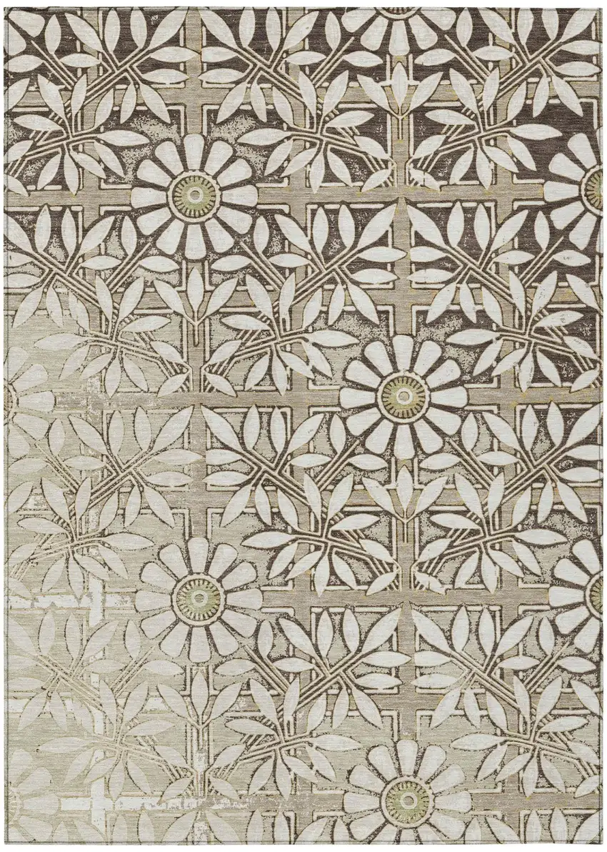 Ivory And Khaki Floral Washable Indoor Outdoor Area Rug Photo 2