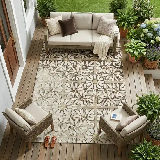 Ivory And Khaki Floral Washable Indoor Outdoor Area Rug Photo 1
