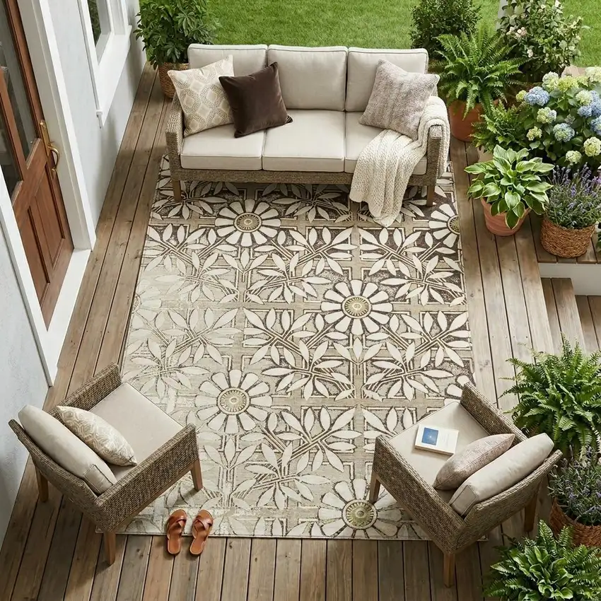 Ivory And Khaki Floral Washable Indoor Outdoor Area Rug Photo 1