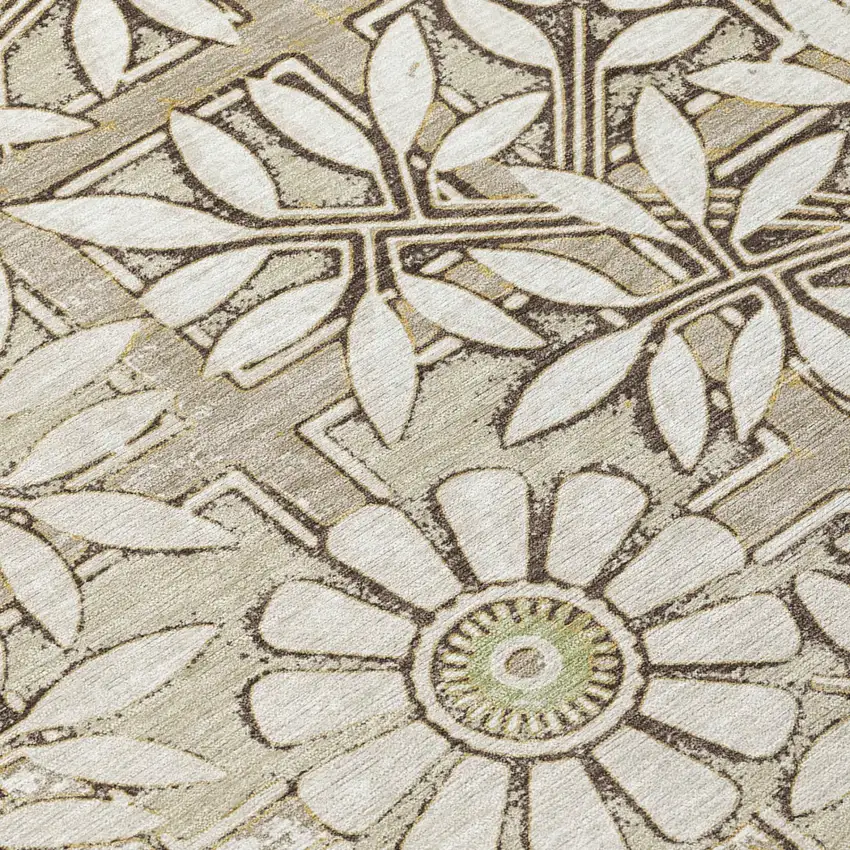 Ivory And Khaki Floral Washable Indoor Outdoor Area Rug Photo 4