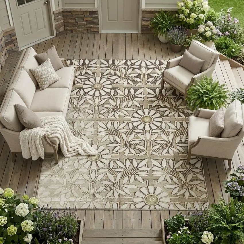 Ivory And Khaki Floral Washable Indoor Outdoor Area Rug Photo 1