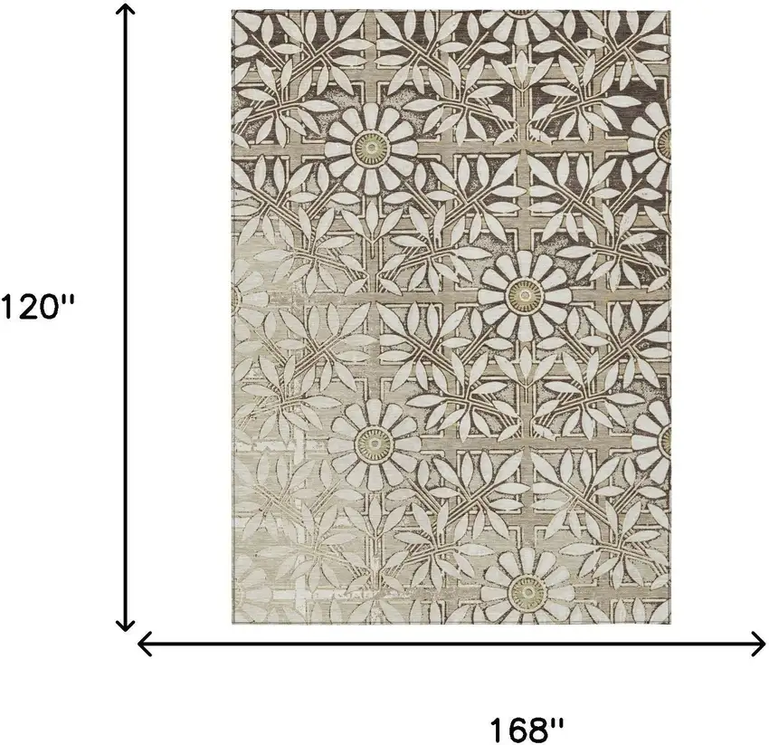 Ivory And Khaki Floral Washable Indoor Outdoor Area Rug Photo 5