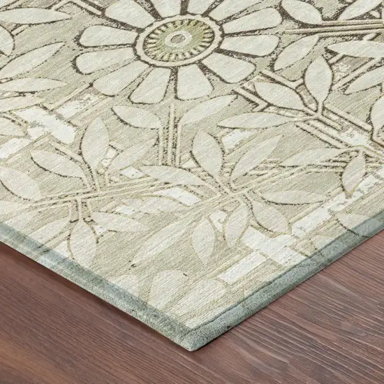 Ivory And Khaki Floral Washable Indoor Outdoor Area Rug Photo 3