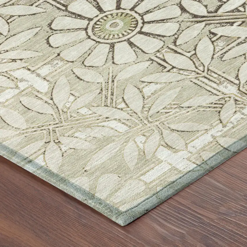 Ivory And Khaki Floral Washable Indoor Outdoor Area Rug Photo 3