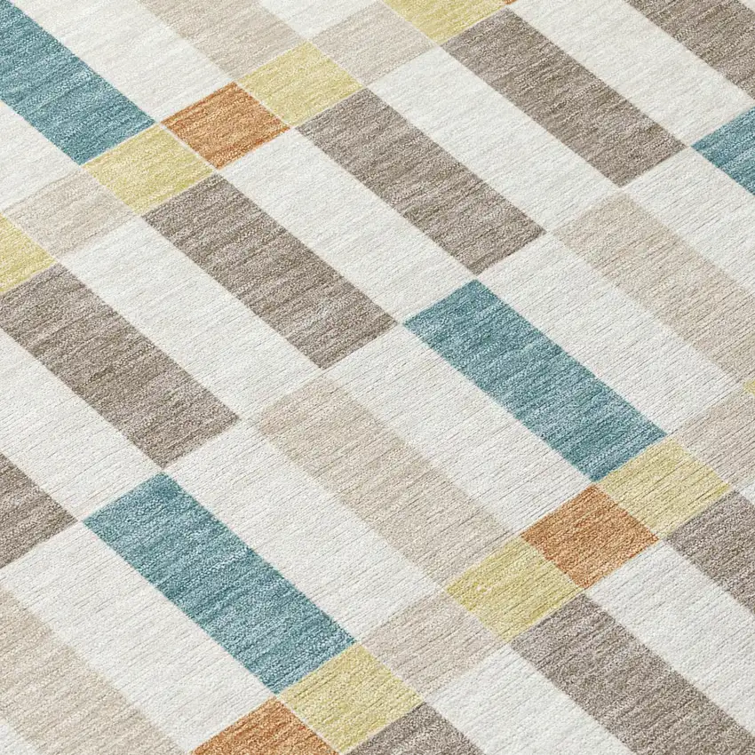 Ivory And Khaki Geometric Washable Indoor Outdoor Area Rug Photo 6