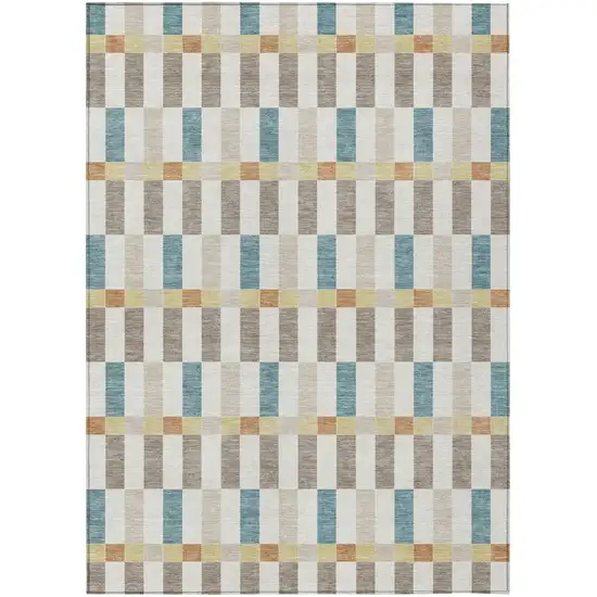 Ivory And Khaki Geometric Washable Indoor Outdoor Area Rug Photo 2