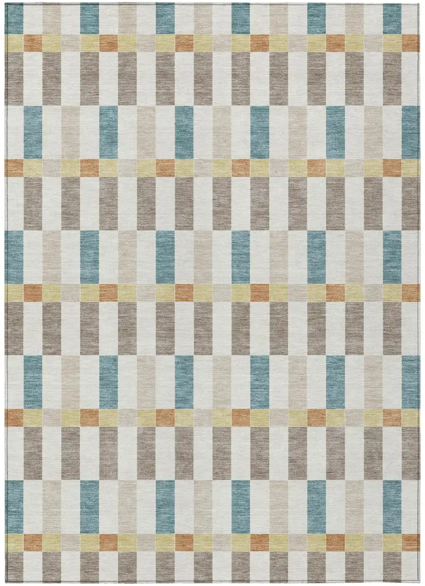 Ivory And Khaki Geometric Washable Indoor Outdoor Area Rug Photo 2