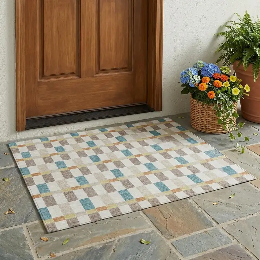 Ivory And Khaki Geometric Washable Indoor Outdoor Area Rug Photo 1