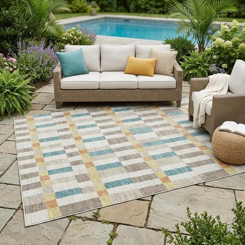 Ivory And Khaki Geometric Washable Indoor Outdoor Area Rug Photo 1
