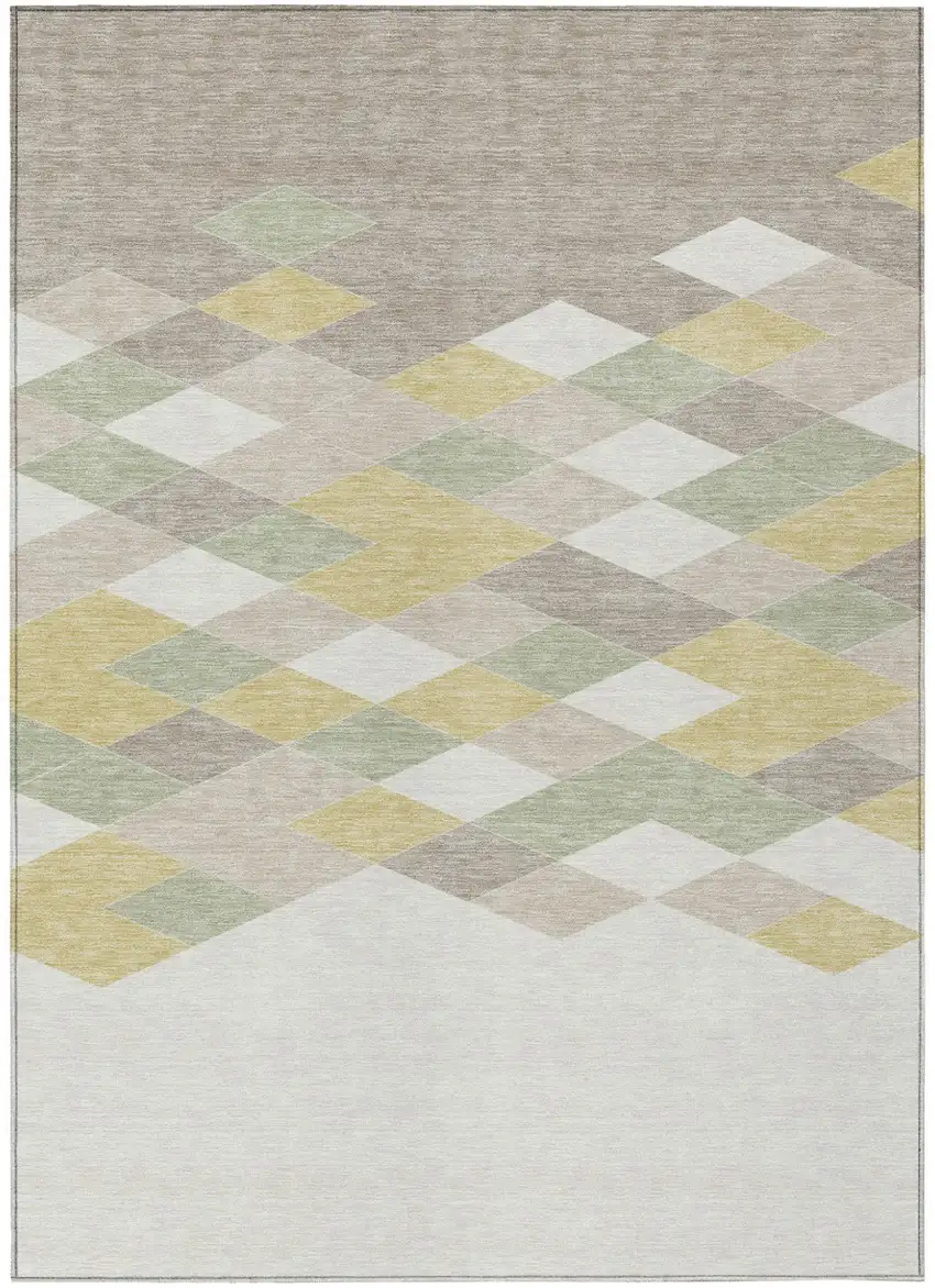 Ivory And Khaki Geometric Washable Indoor Outdoor Area Rug Photo 2