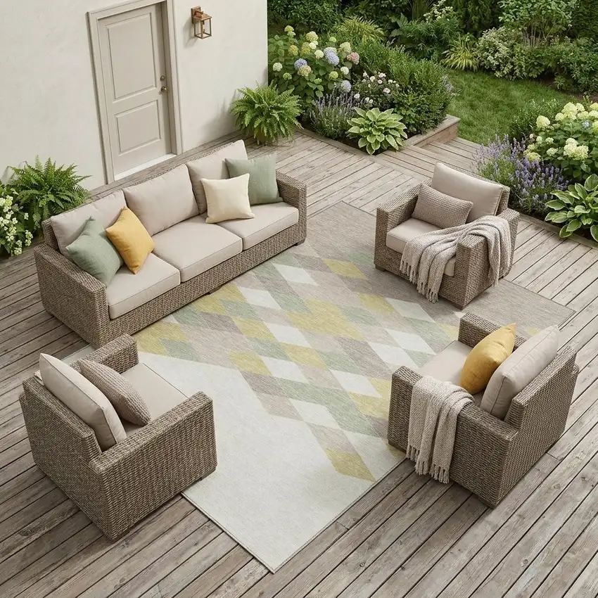 Ivory And Khaki Geometric Washable Indoor Outdoor Area Rug Photo 1