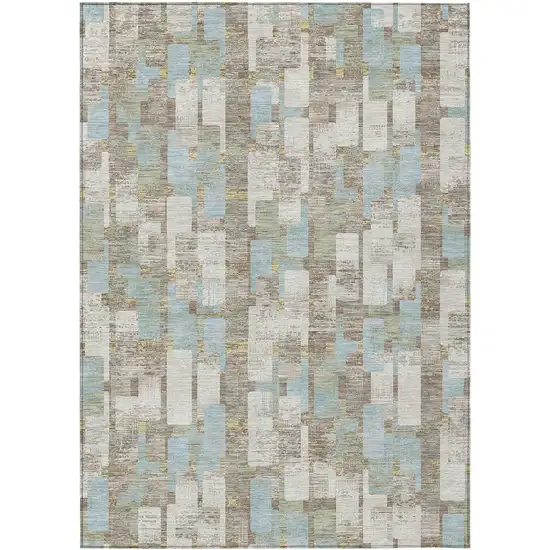 Ivory And Khaki Geometric Washable Indoor Outdoor Area Rug Photo 1