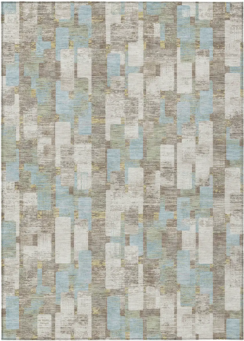Ivory And Khaki Geometric Washable Indoor Outdoor Area Rug Photo 1