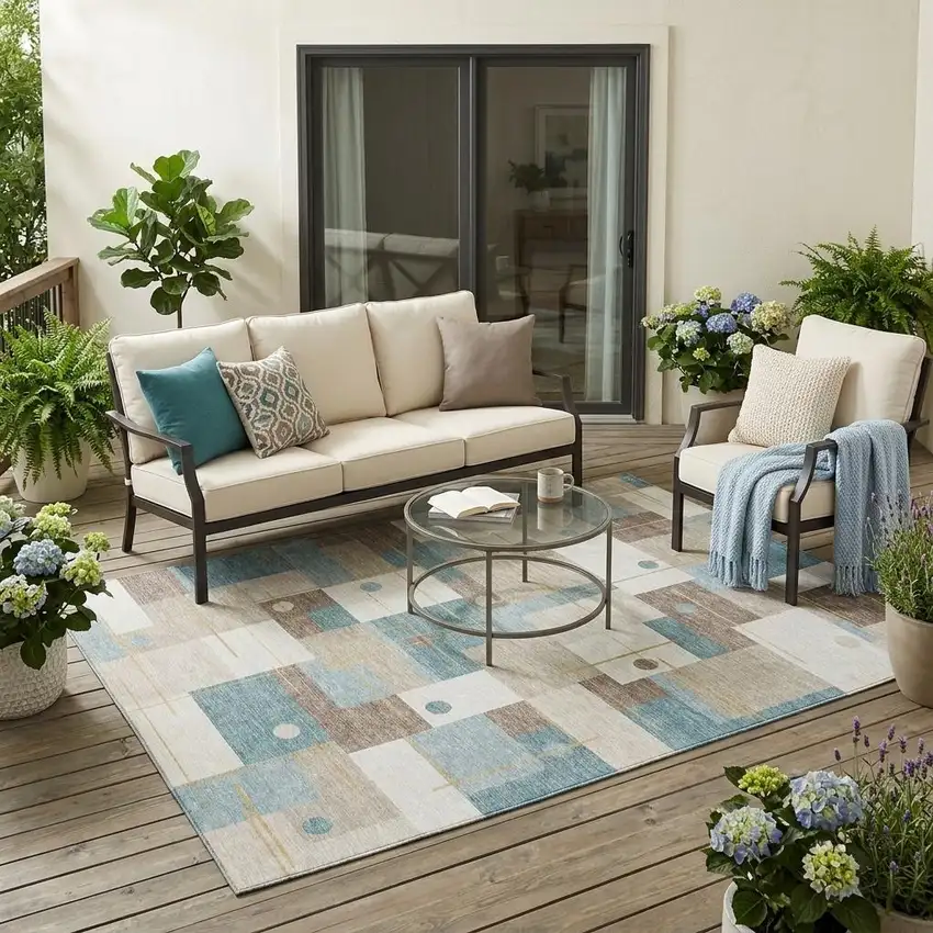 Ivory And Khaki Geometric Washable Indoor Outdoor Area Rug Photo 1