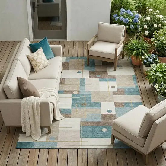 Ivory And Khaki Geometric Washable Indoor Outdoor Area Rug Photo 1