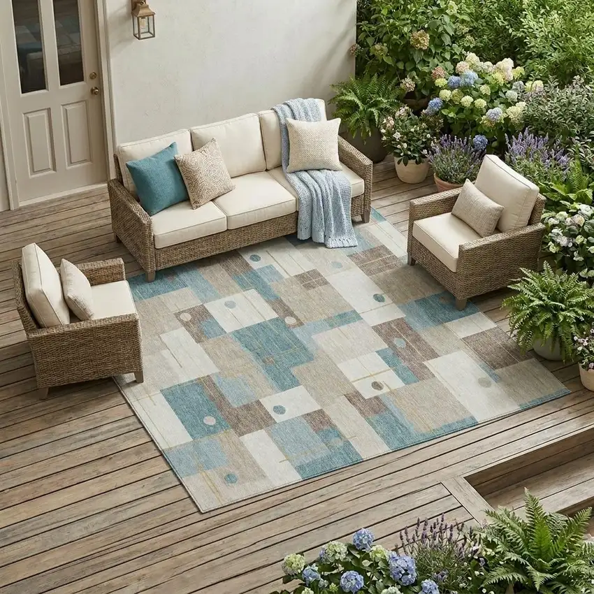 Ivory And Khaki Geometric Washable Indoor Outdoor Area Rug Photo 1