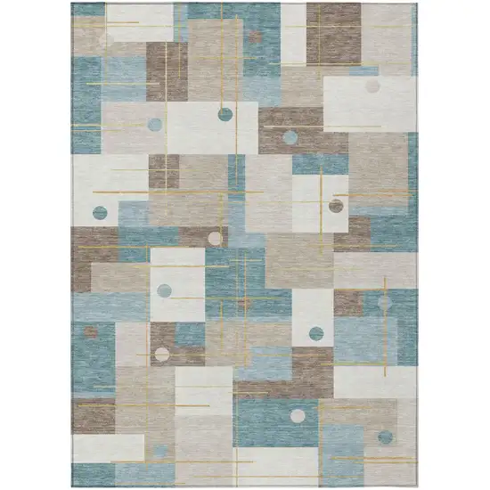 Ivory And Khaki Geometric Washable Indoor Outdoor Area Rug Photo 2