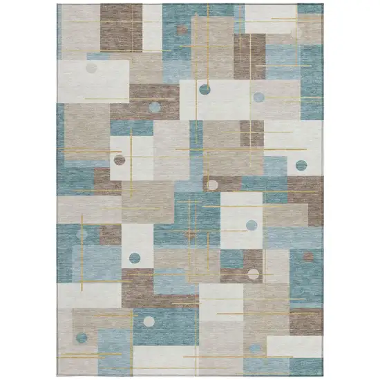 Ivory And Khaki Geometric Washable Indoor Outdoor Area Rug Photo 4