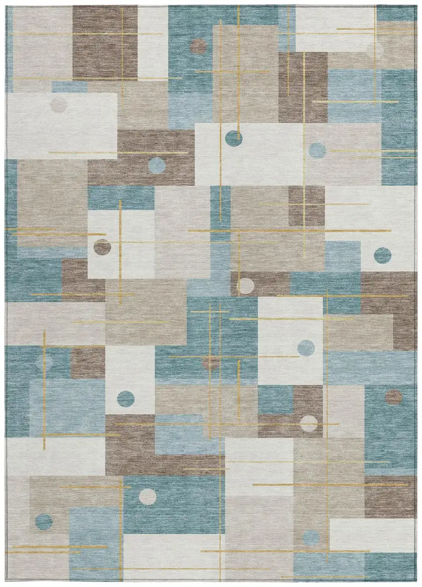 Ivory And Khaki Geometric Washable Indoor Outdoor Area Rug Photo 4
