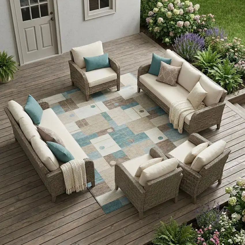 Ivory And Khaki Geometric Washable Indoor Outdoor Area Rug Photo 1