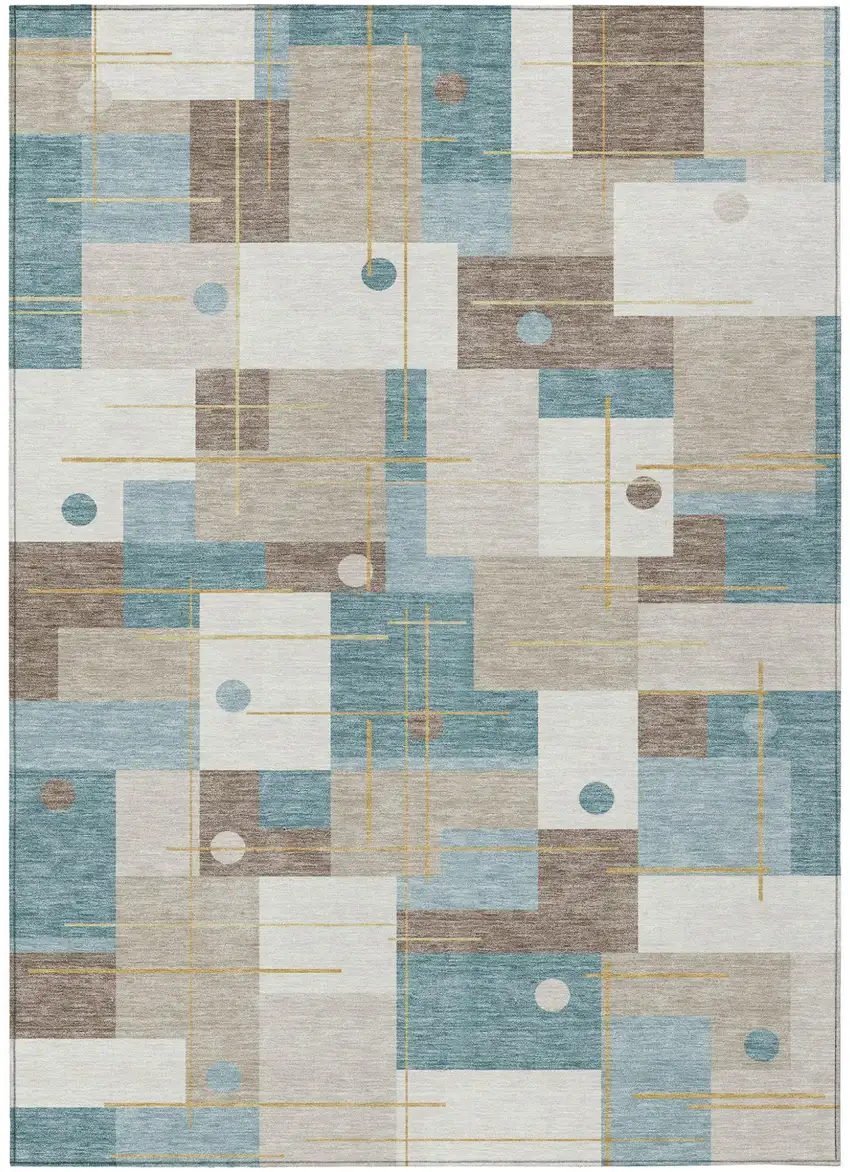 Ivory And Khaki Geometric Washable Indoor Outdoor Area Rug Photo 2