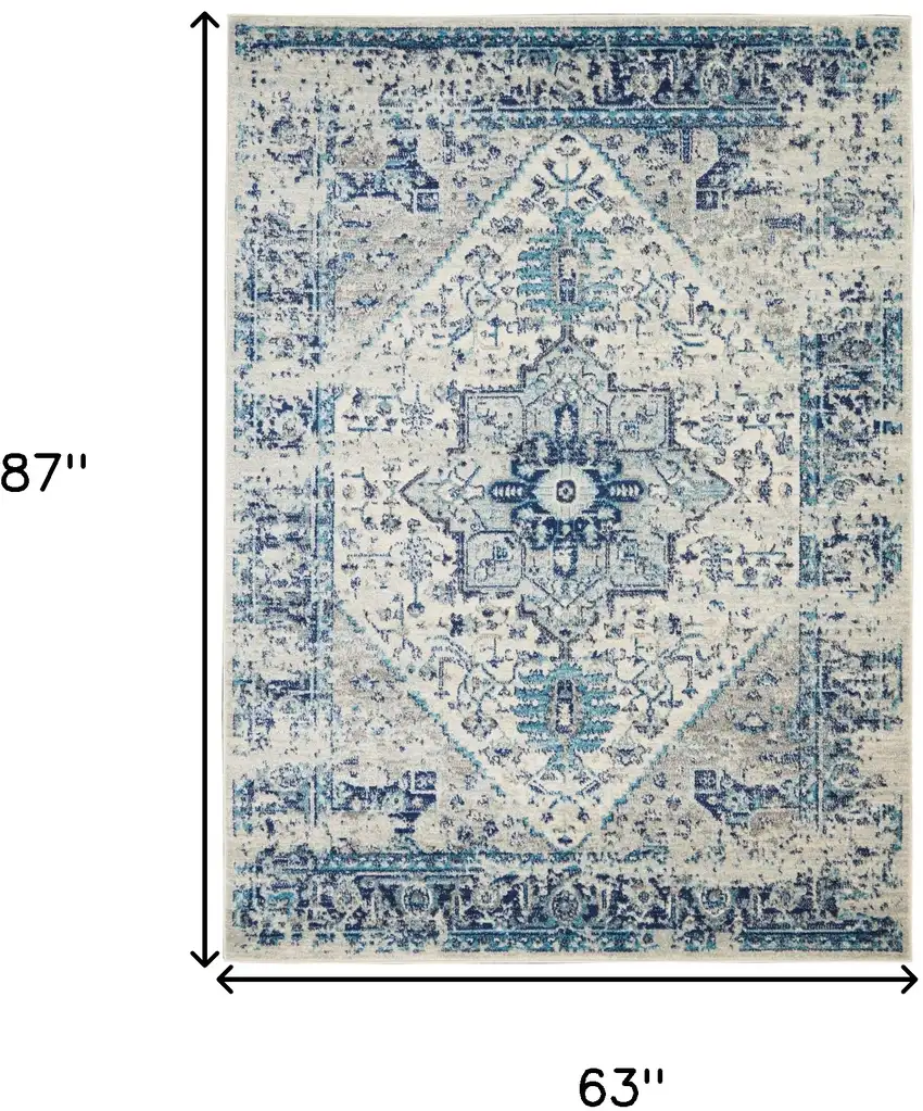 Ivory And Light Blue Floral Medallion Distressed Area Rug Photo 3