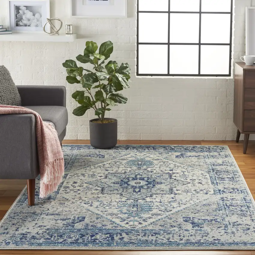 Ivory And Light Blue Floral Medallion Distressed Area Rug Photo 5