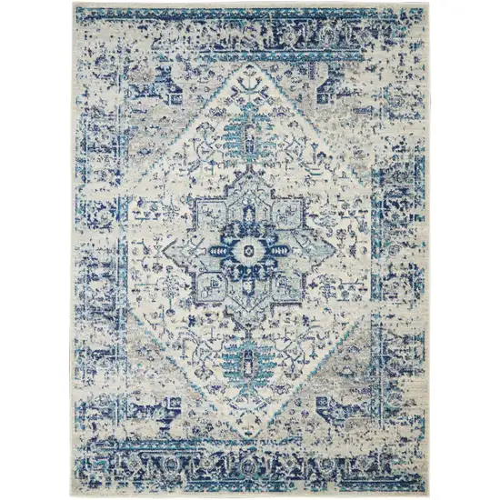 Ivory And Light Blue Floral Medallion Distressed Area Rug Photo 8