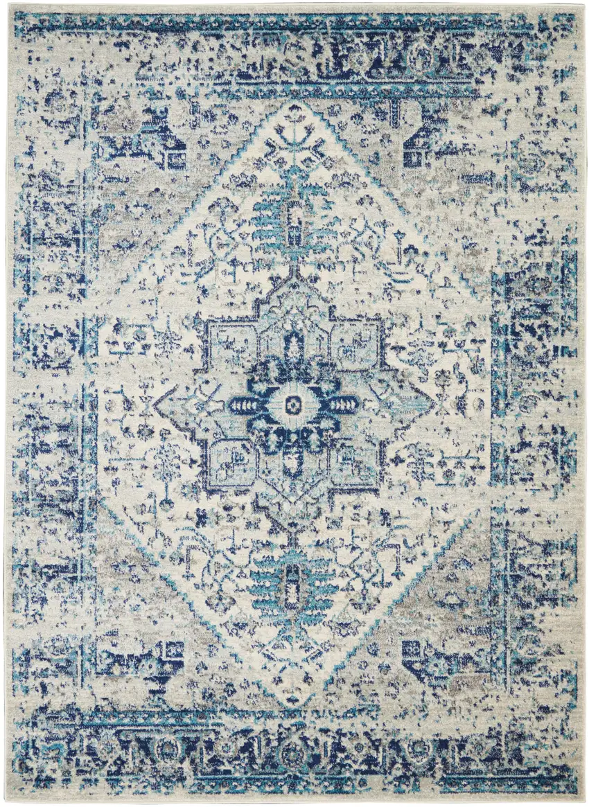 Ivory And Light Blue Floral Medallion Distressed Area Rug Photo 2