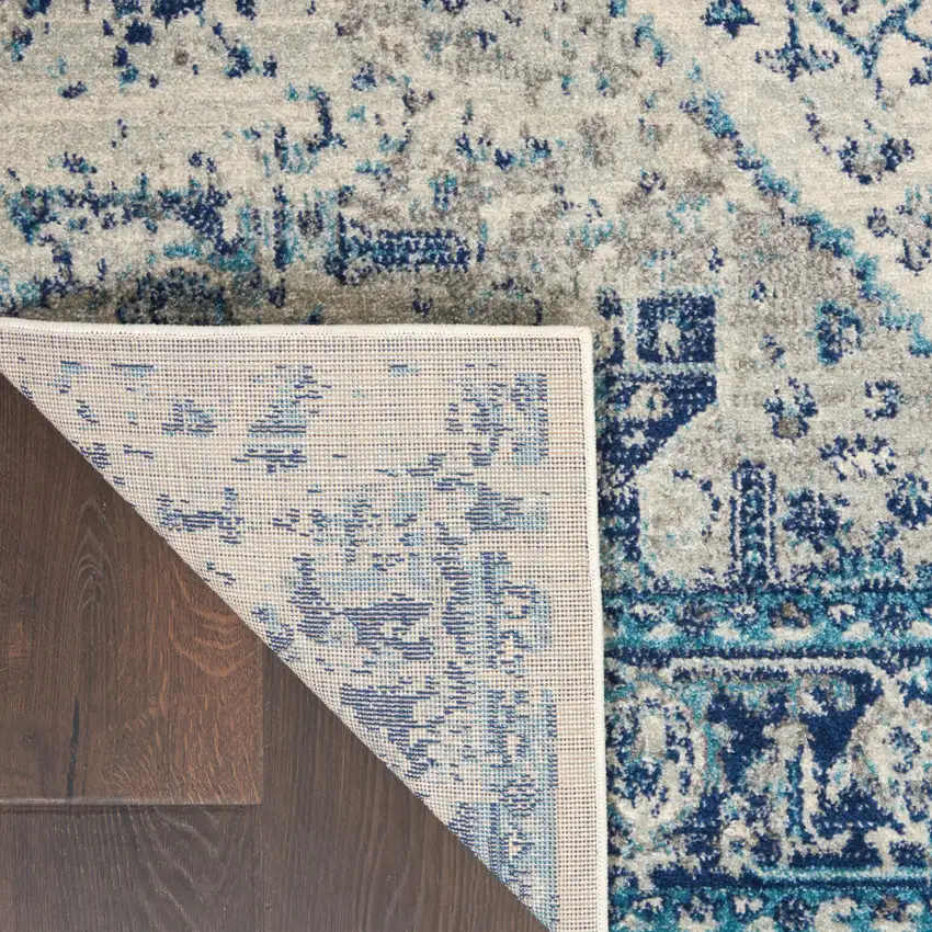 Ivory And Light Blue Floral Medallion Distressed Area Rug Photo 9