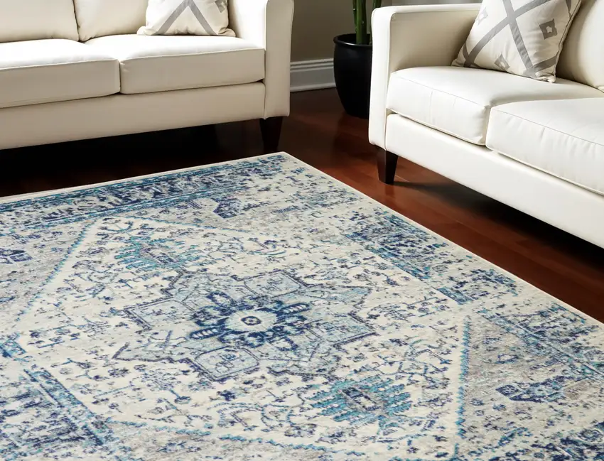 Ivory And Light Blue Floral Medallion Distressed Area Rug Photo 2