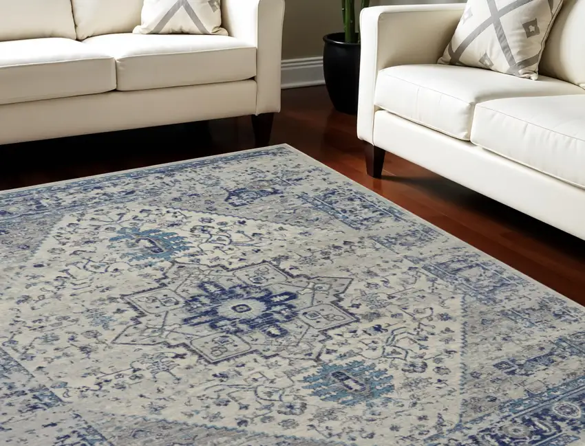 Ivory And Light Blue Floral Medallion Distressed Area Rug Photo 1