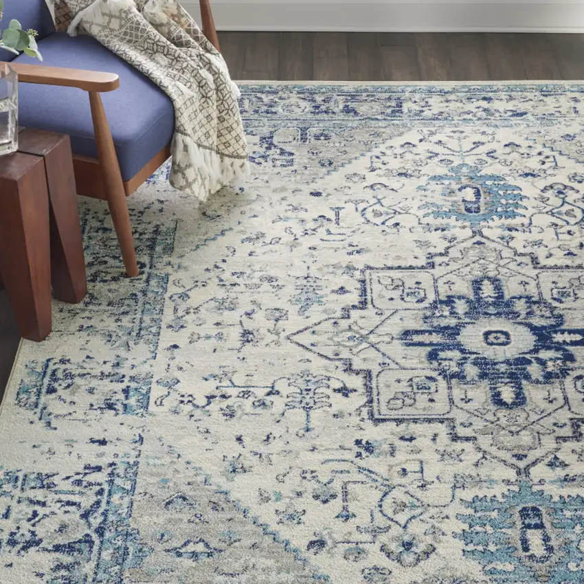 Ivory And Light Blue Floral Medallion Distressed Area Rug Photo 4