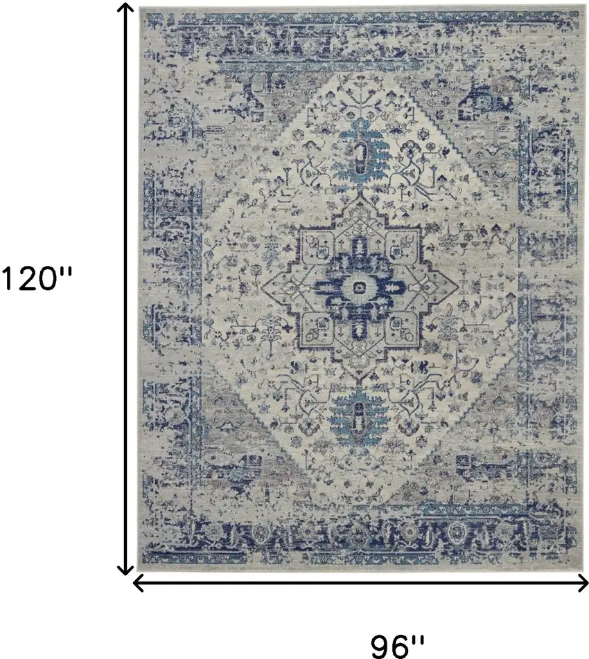 Ivory And Light Blue Floral Medallion Distressed Area Rug Photo 3