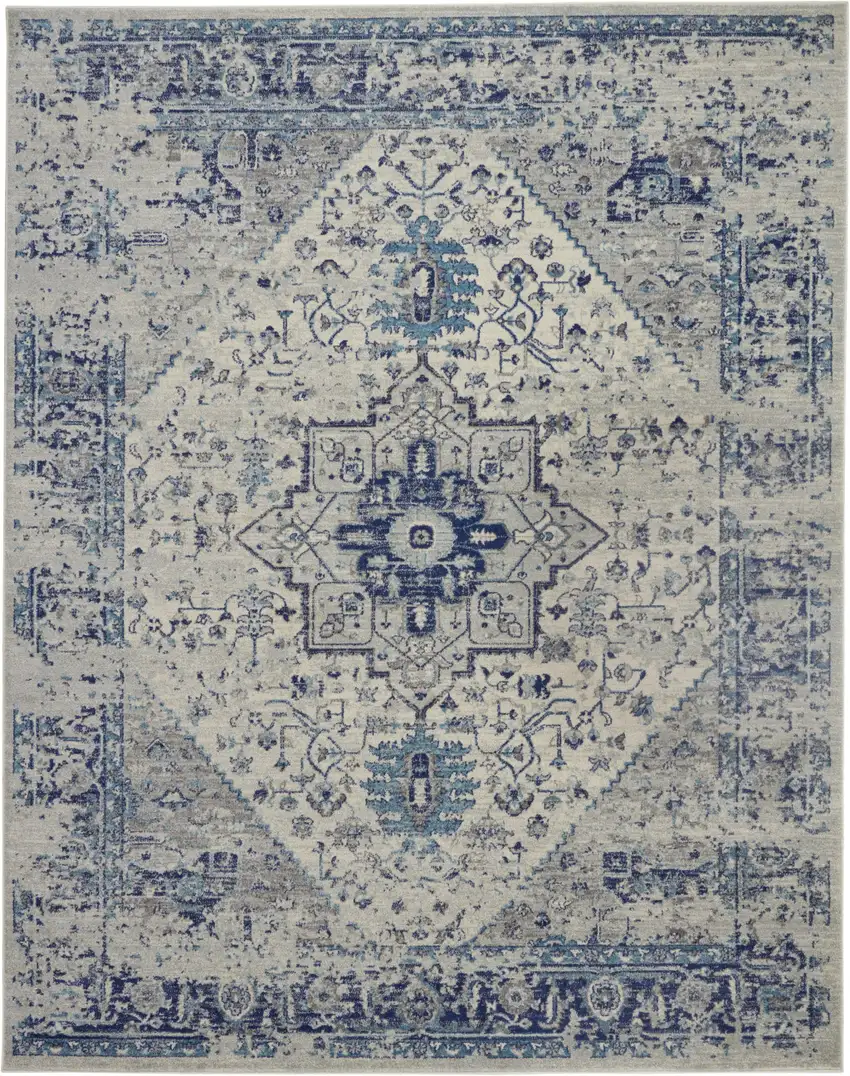 Ivory And Light Blue Floral Medallion Distressed Area Rug Photo 1