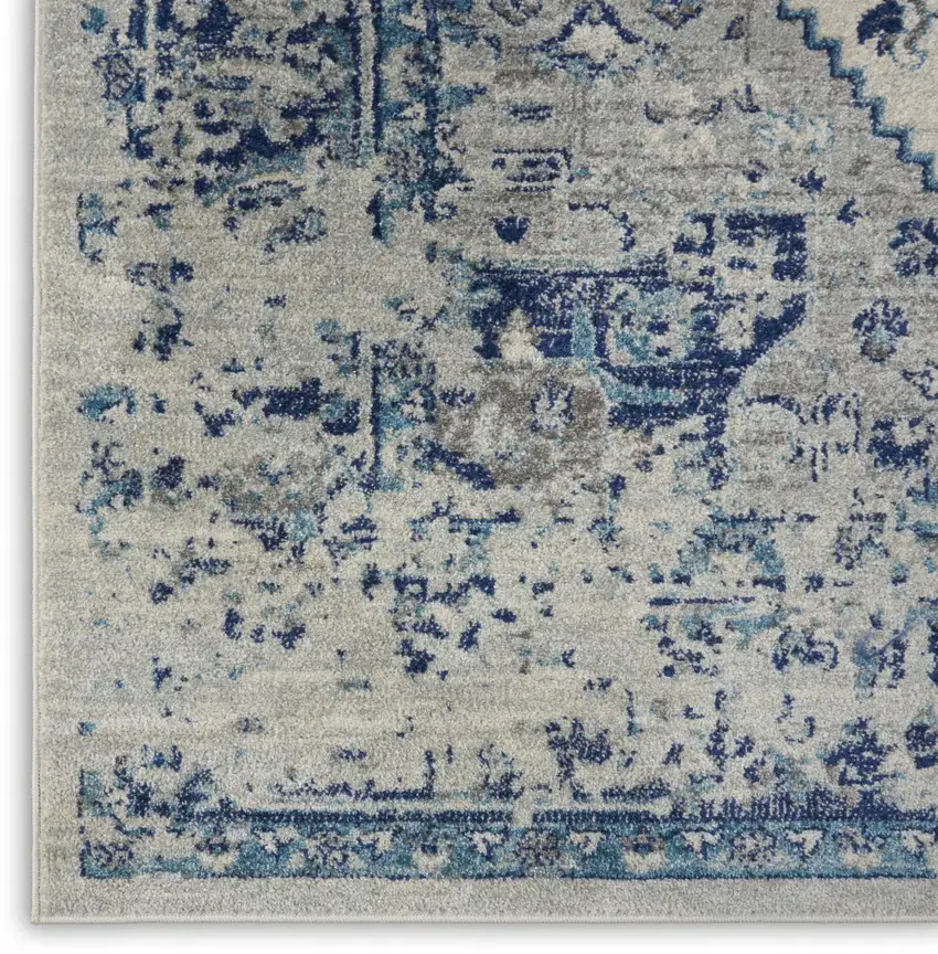 Ivory And Light Blue Floral Medallion Distressed Area Rug Photo 8