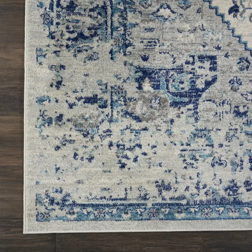 Ivory And Light Blue Floral Medallion Distressed Area Rug Photo 9