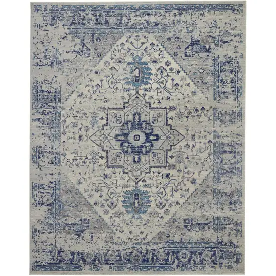 Ivory And Light Blue Floral Medallion Distressed Area Rug Photo 1