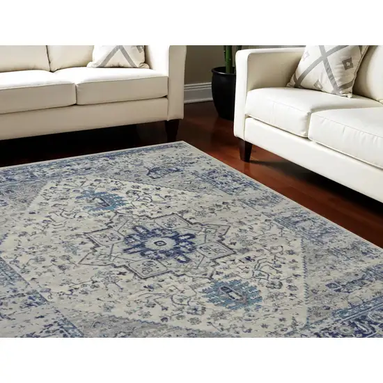 Ivory And Light Blue Floral Medallion Distressed Area Rug Photo 2