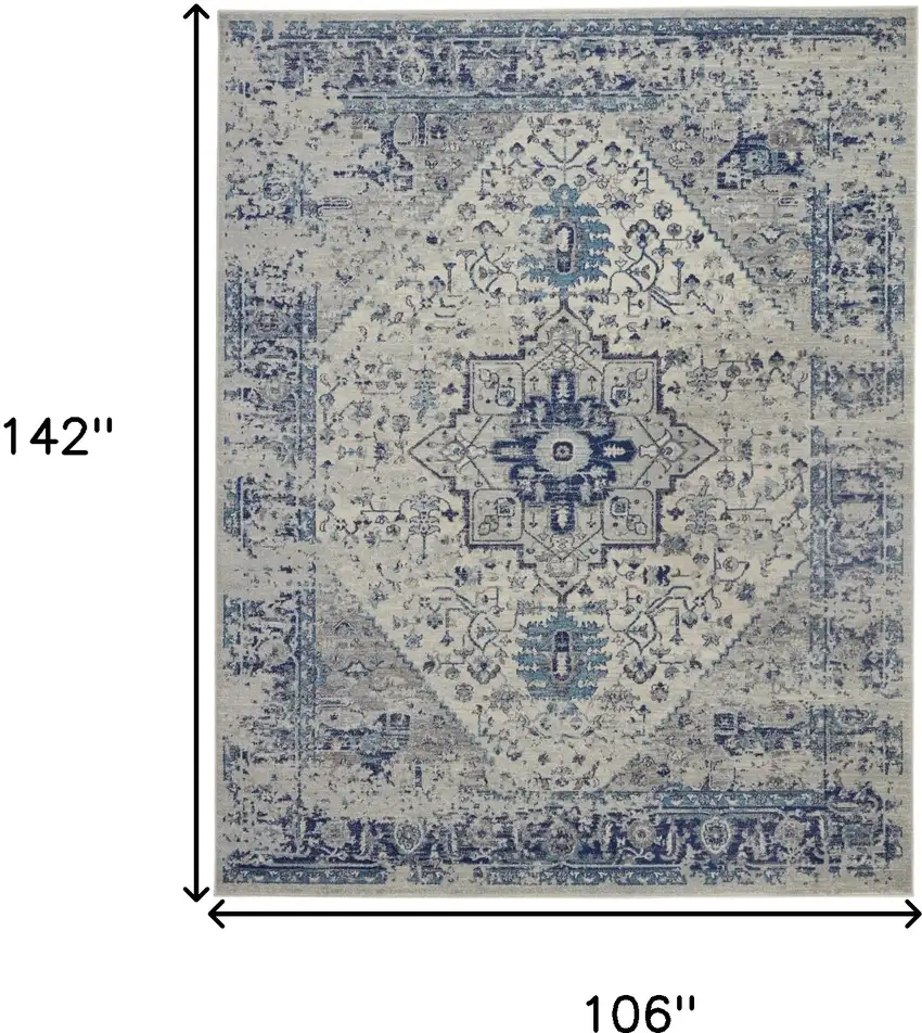 Ivory And Light Blue Floral Medallion Distressed Area Rug Photo 3
