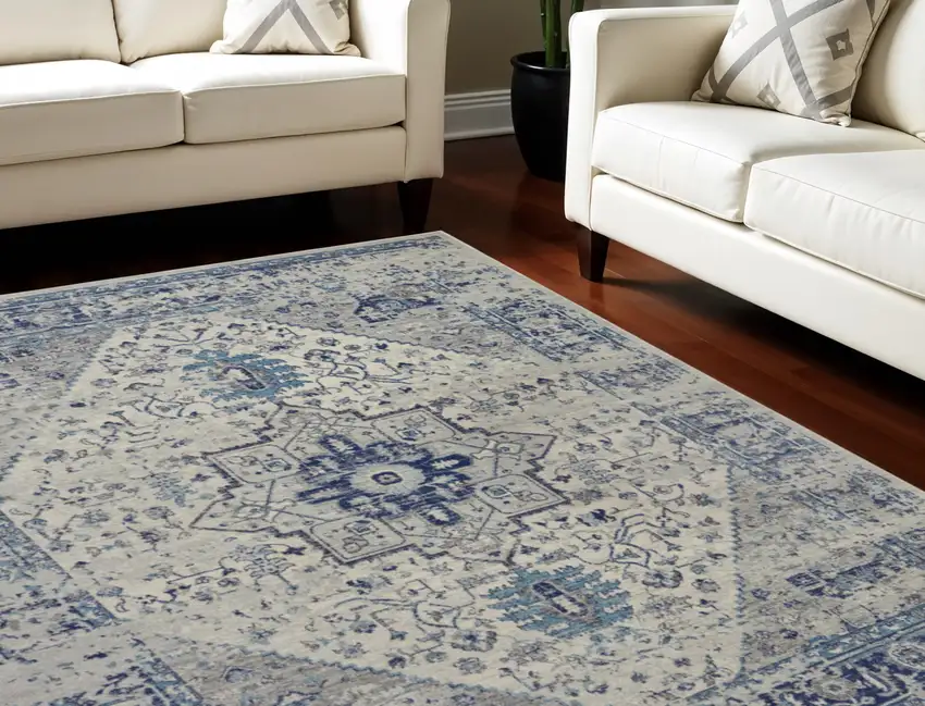 Ivory And Light Blue Floral Medallion Distressed Area Rug Photo 1