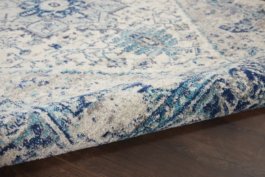 Ivory And Light Blue Floral Medallion Distressed Area Rug Photo 9