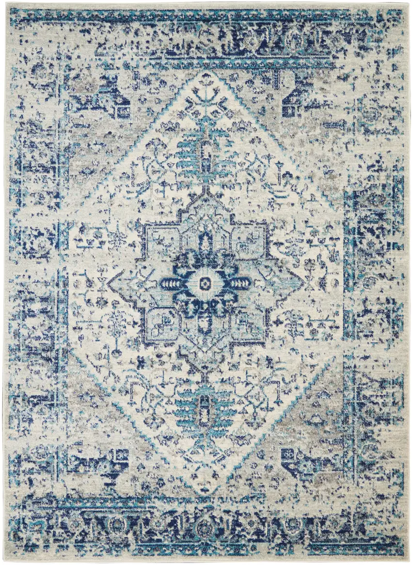 Ivory And Light Blue Floral Medallion Distressed Area Rug Photo 1