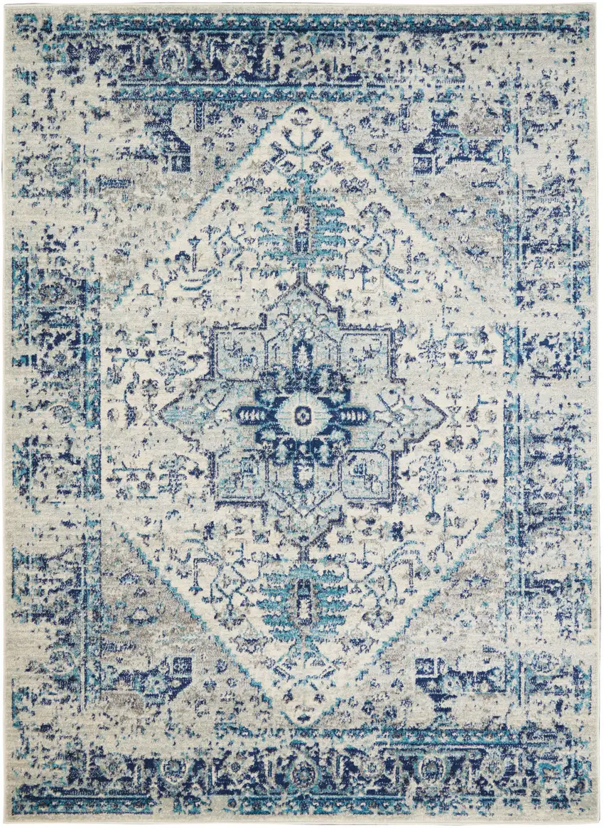 Ivory And Light Blue Floral Medallion Distressed Area Rug Photo 7