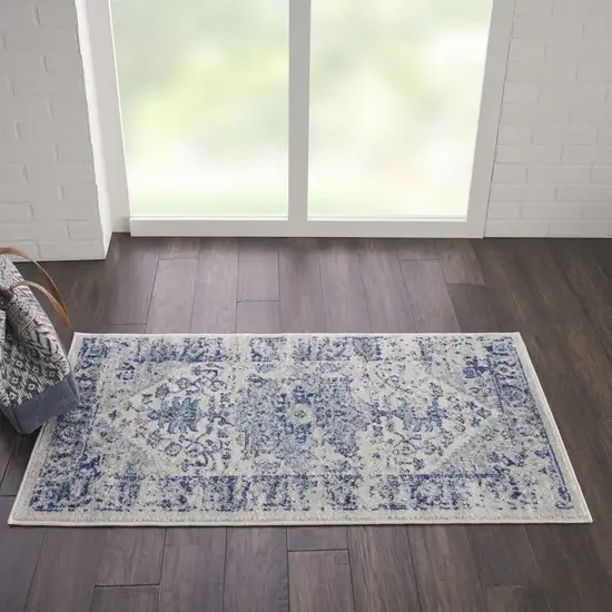 Ivory And Light Blue Floral Medallion Distressed Area Rug Photo 4