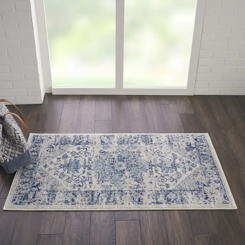 Ivory And Light Blue Floral Medallion Distressed Area Rug Photo 4