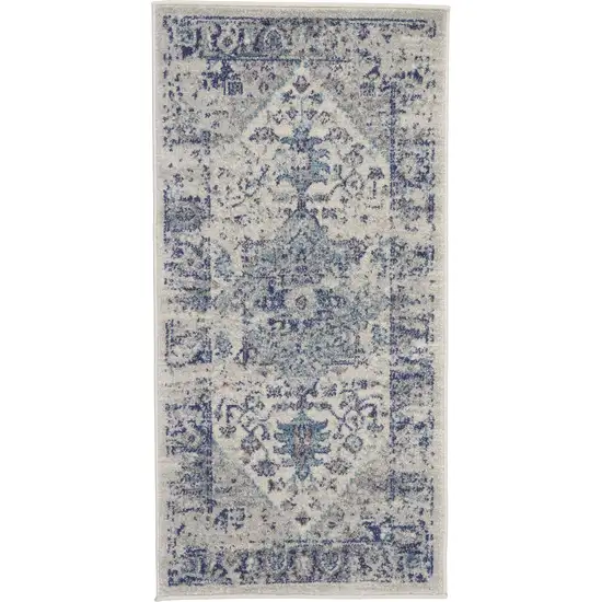 Ivory And Light Blue Floral Medallion Distressed Area Rug Photo 1