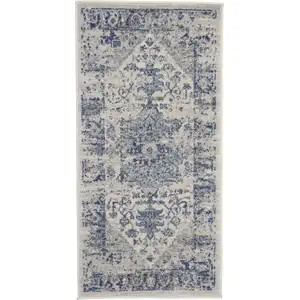 Photo of Ivory And Light Blue Floral Medallion Distressed Area Rug