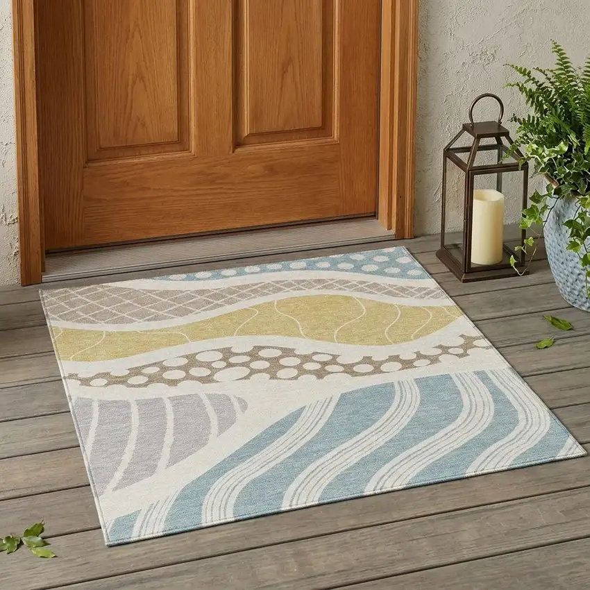 Ivory And Linen Abstract Washable Indoor Outdoor Area Rug Photo 1
