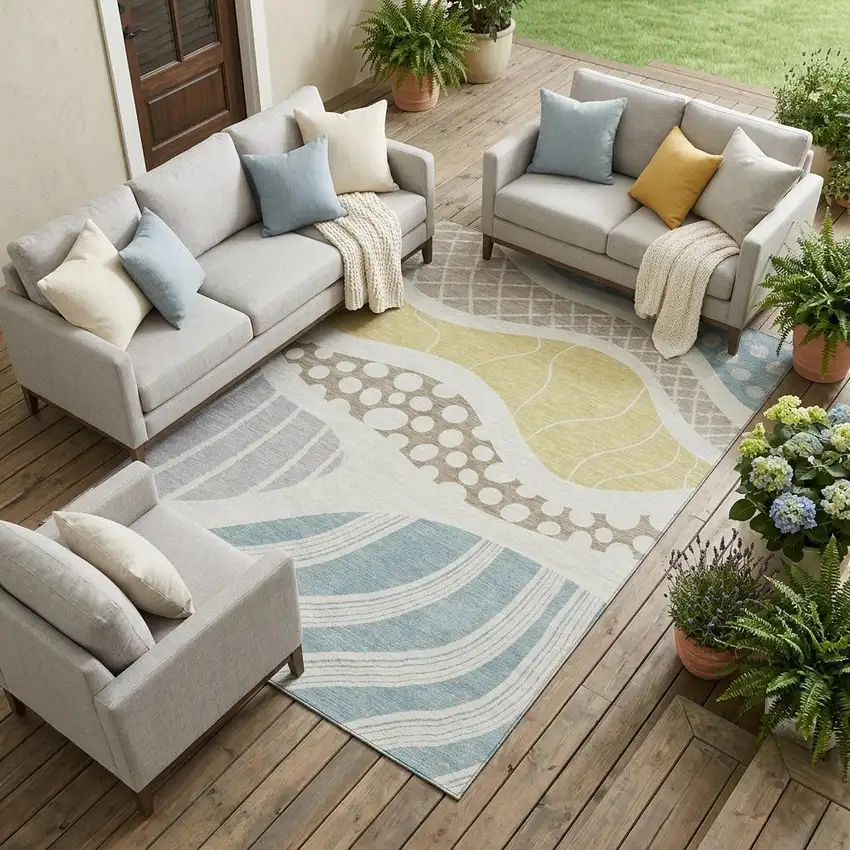 Ivory And Linen Abstract Washable Indoor Outdoor Area Rug Photo 1
